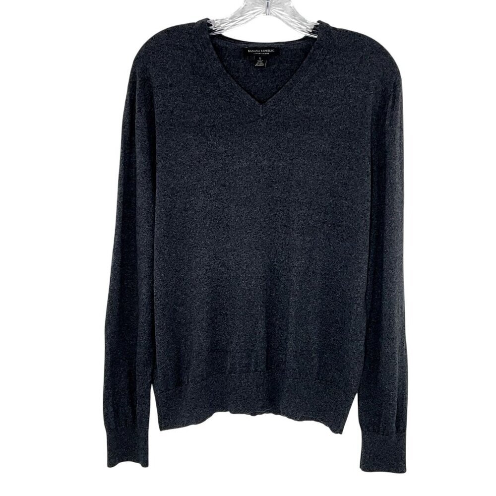 Banana Republic Sweater Men L Gray Luxury Blend Silk Cashmere V-Neck Casual Prep